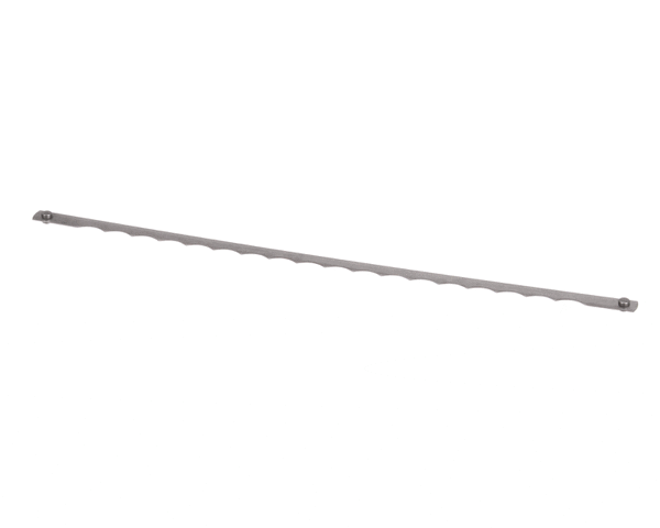 Serrated bread slicer blade with small rivet installed near one end on white background