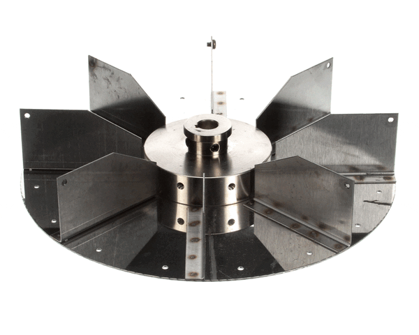Round metal blower wheel with numerous fins radiating from center on white background