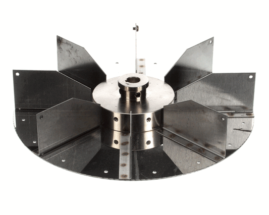 Round metal blower wheel with numerous fins radiating from center on white background