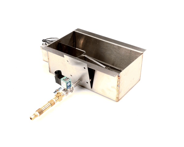Rectangular water pan with integrated heating element and wiring terminals on white background