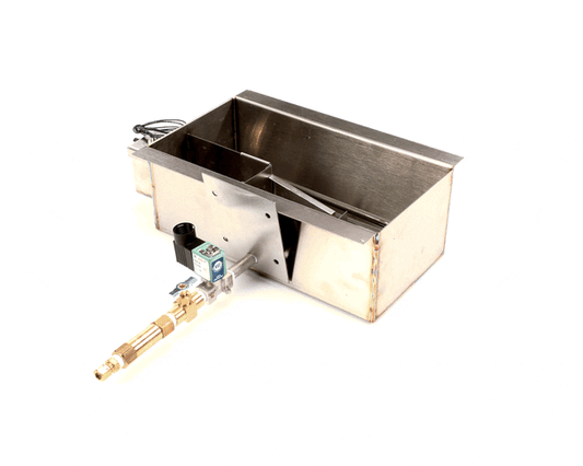 Rectangular water pan with integrated heating element and wiring terminals on white background