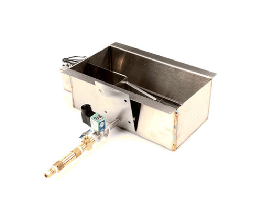 Rectangular water pan with integrated heating element and wiring terminals on white background
