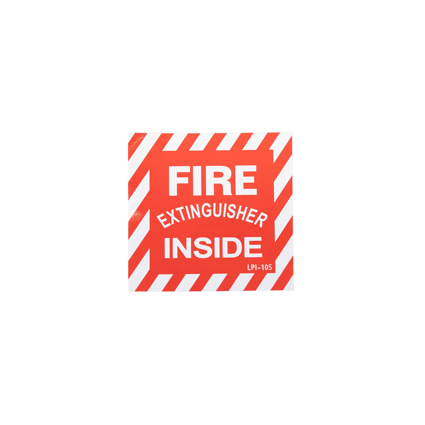 Red and white striped sign with 'FIRE EXTINGUISHER INSIDE' text on a white background