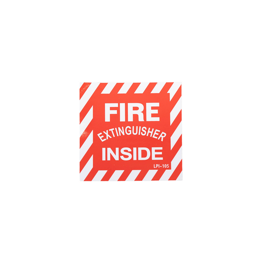 Red and white striped sign with 'FIRE EXTINGUISHER INSIDE' text on a white background