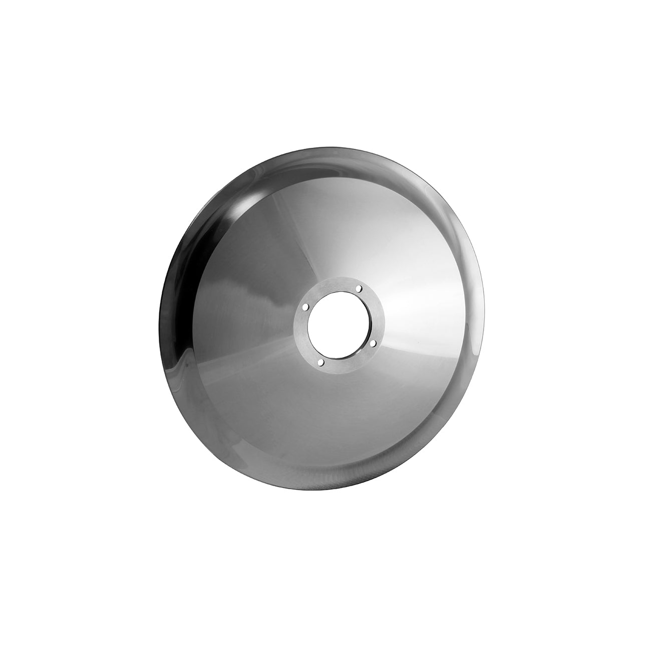 Circular chrome slicer blade on white background.