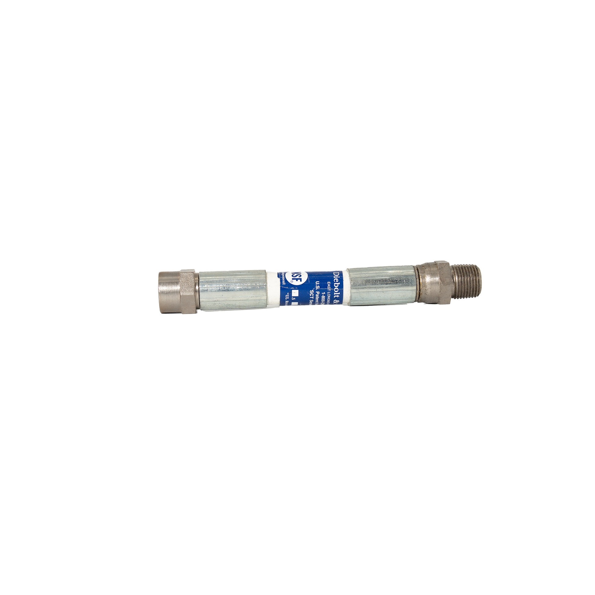 Metallic pipe fitting with a blue label on a white background