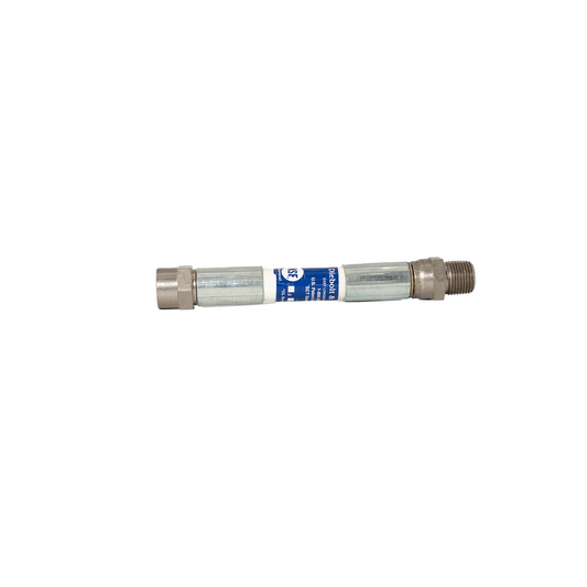 Metallic pipe fitting with a blue label on a white background