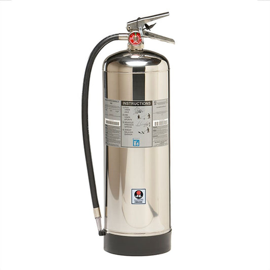Silver fire extinguisher on a white background
