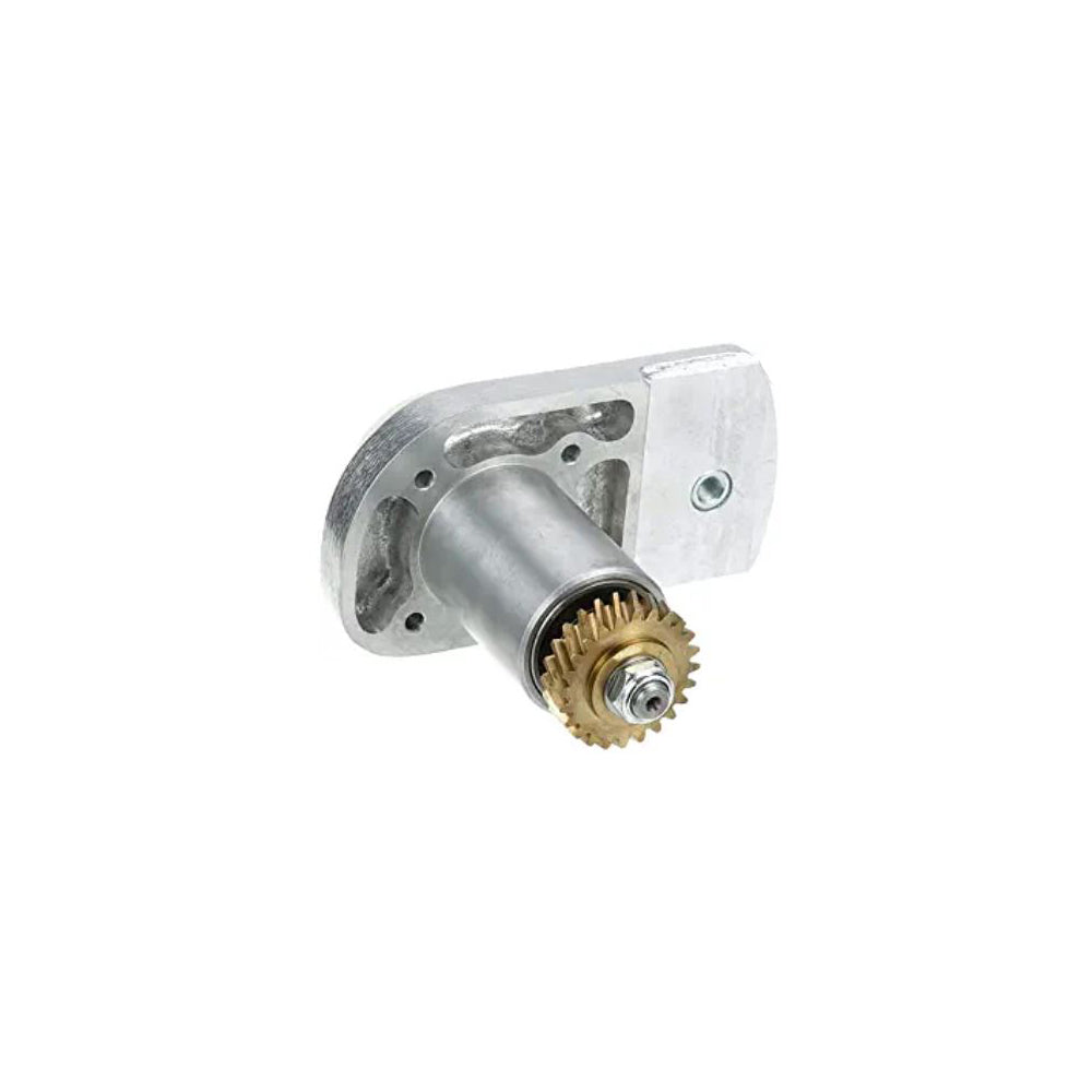 Metal piece with gold teeth on end on white background.