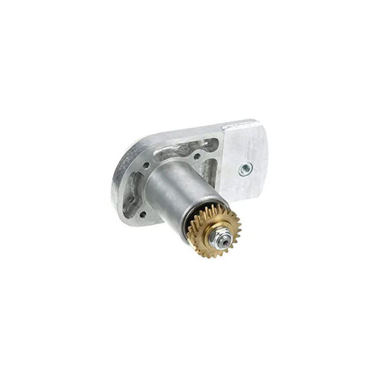 Metal piece with gold teeth on end on white background.