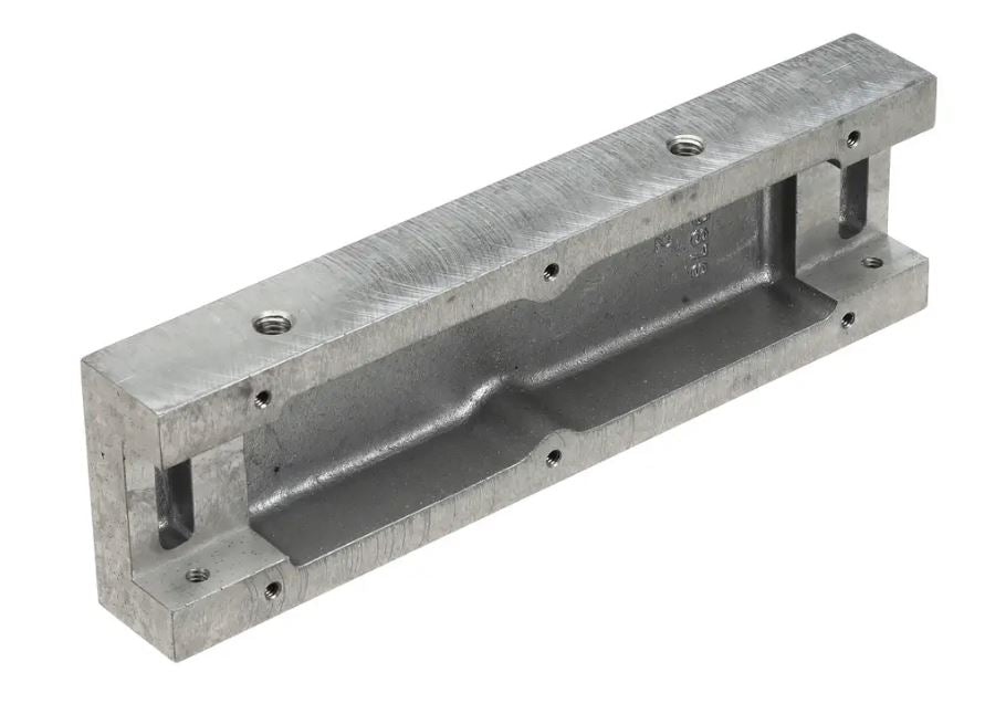 Rectangular metal guide bar for band saw on white background.