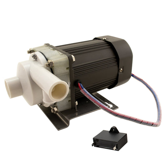 replacement water pump with dark gray motor, white pump housing, stainless steel mounting bracket, and wire harness connector.