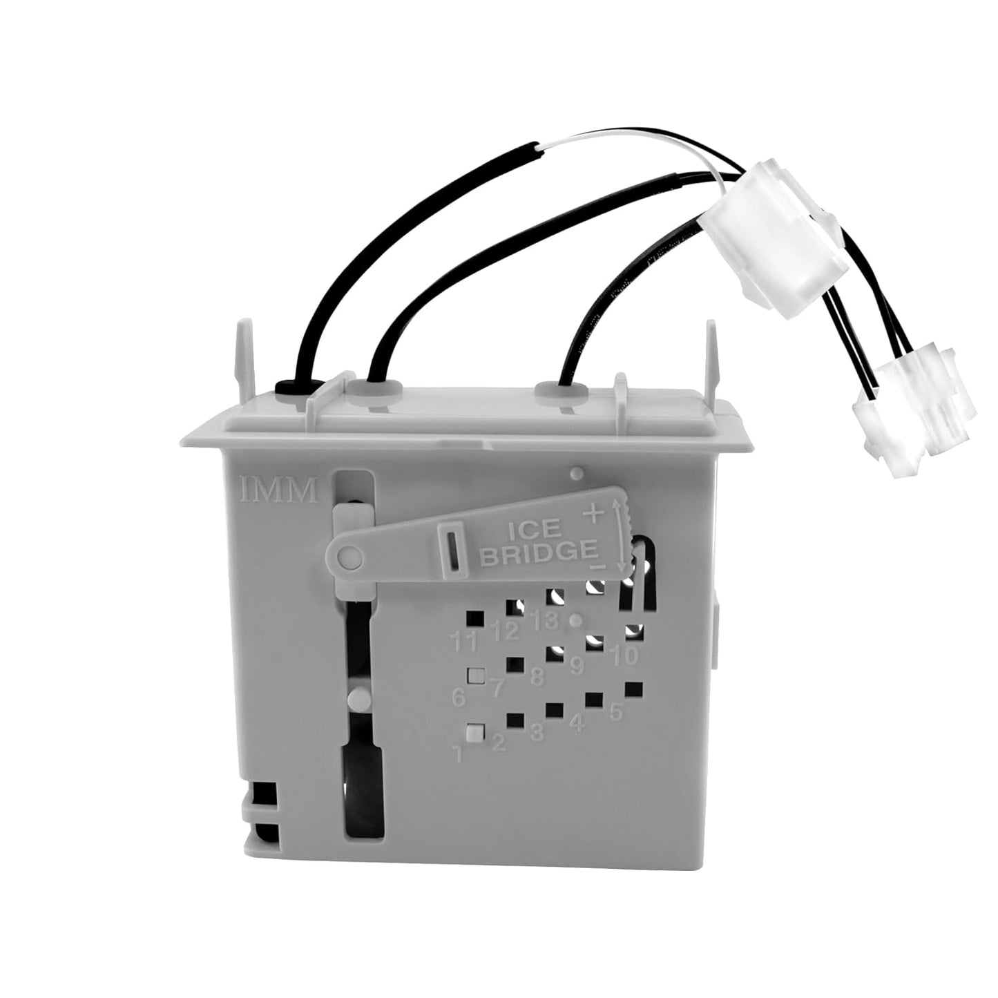 Gray ice maker component with wiring on a white background