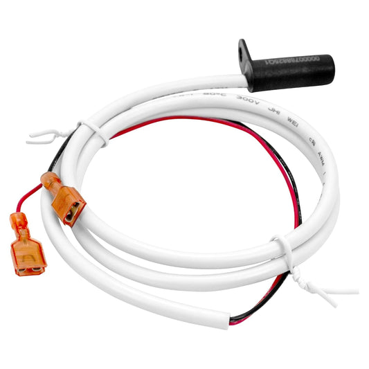 White cable with orange connector and black end on a white background