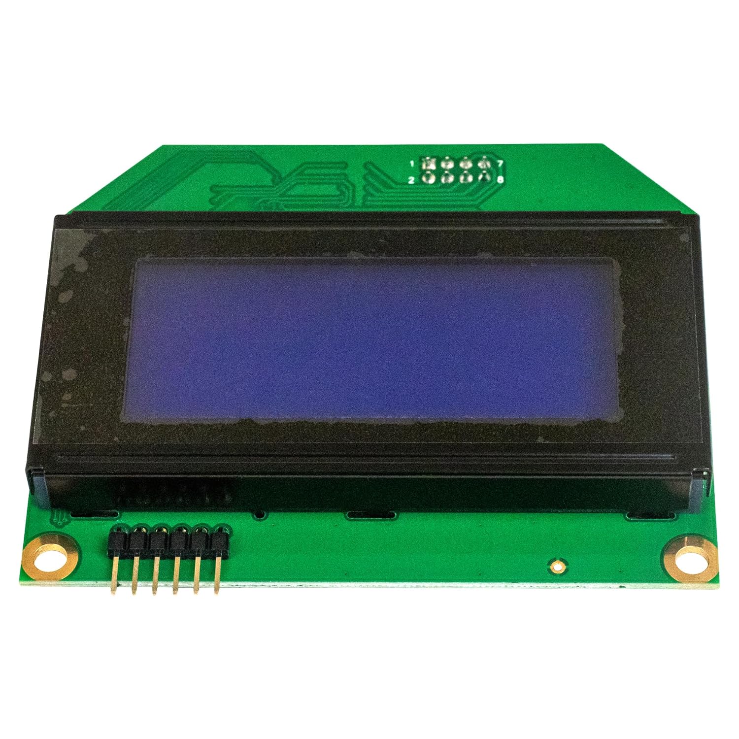 LCD display module with blue screen on a green circuit board