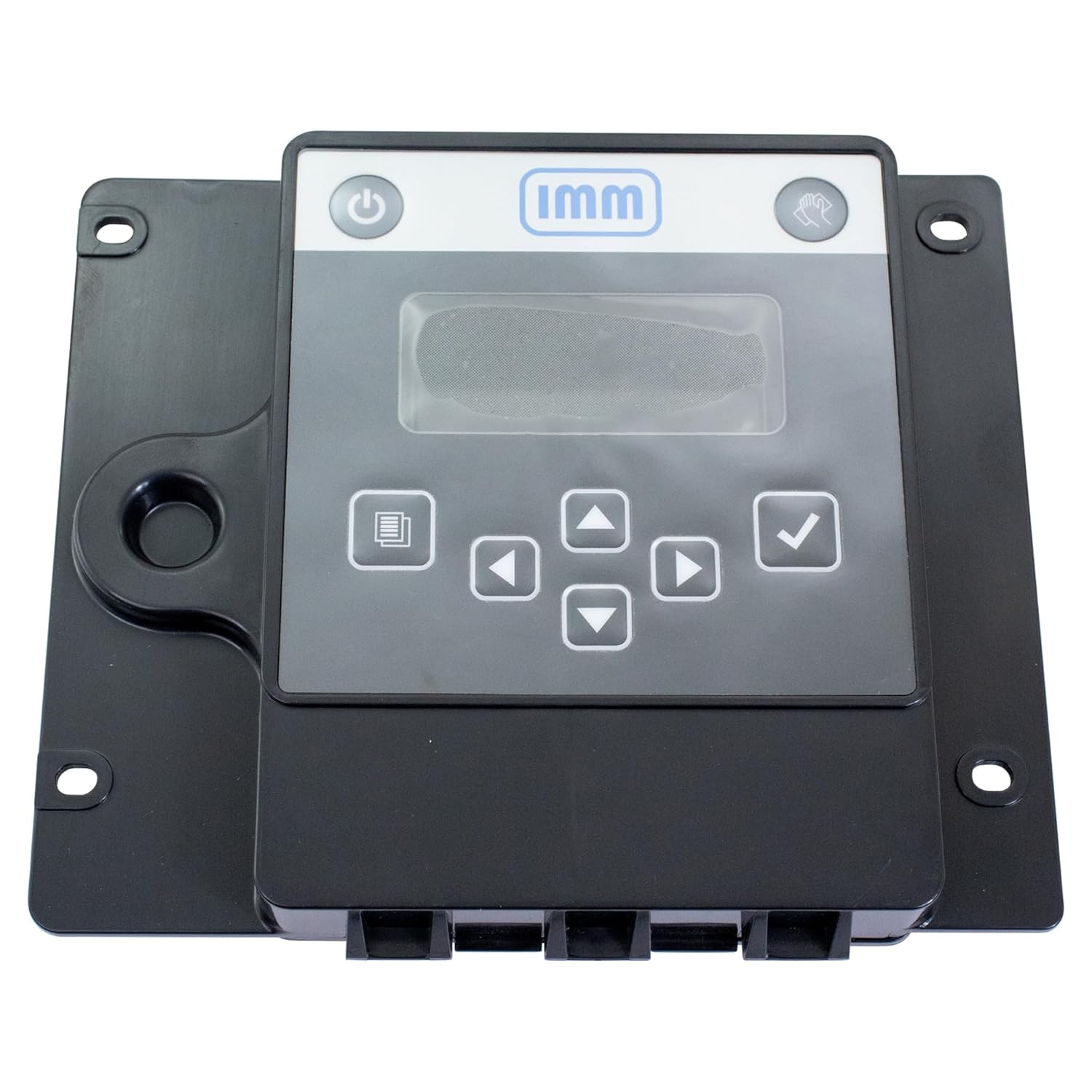 Control panel with IMM logo and buttons on a white background