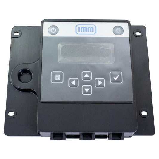 Control panel with IMM logo and buttons on a white background