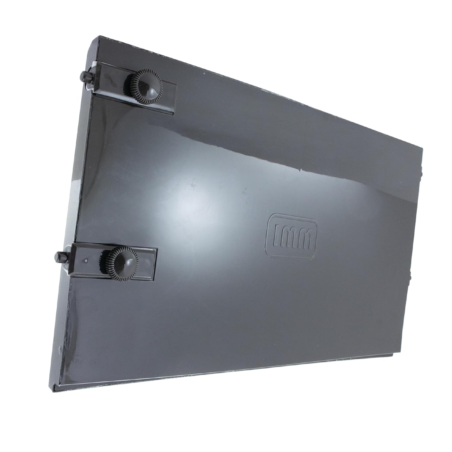 Gray metal bracket with two knobs on a white background