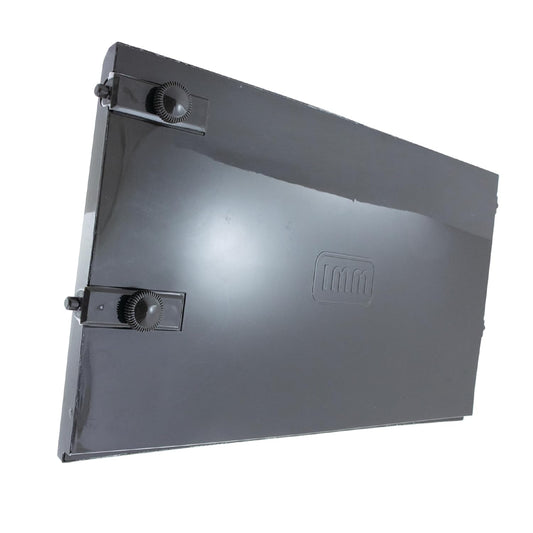 Gray metal bracket with two knobs on a white background