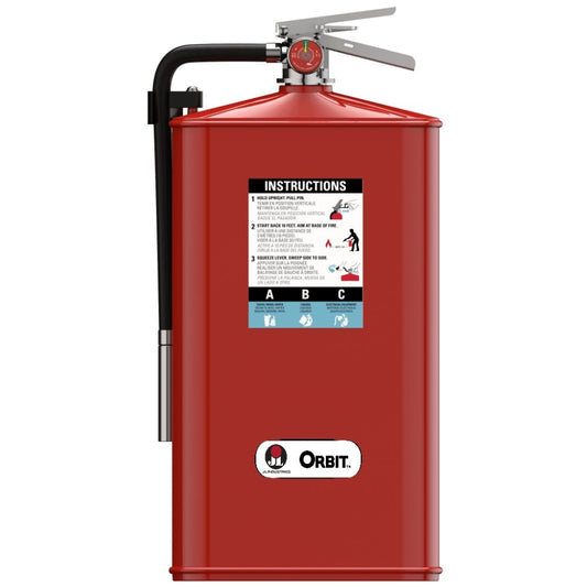 Red fire extinguisher with Orbit logo on a white background