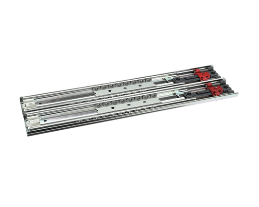 Pair of self-closing drawer slide rails extended and aligned side by side on a white background