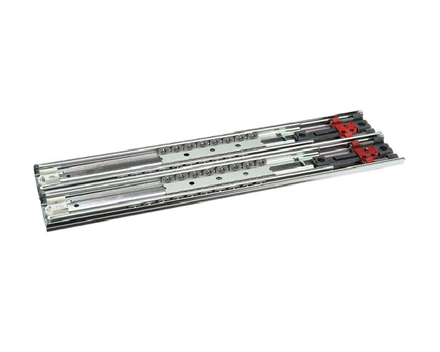 Pair of self-closing drawer slide rails extended and aligned side by side on a white background