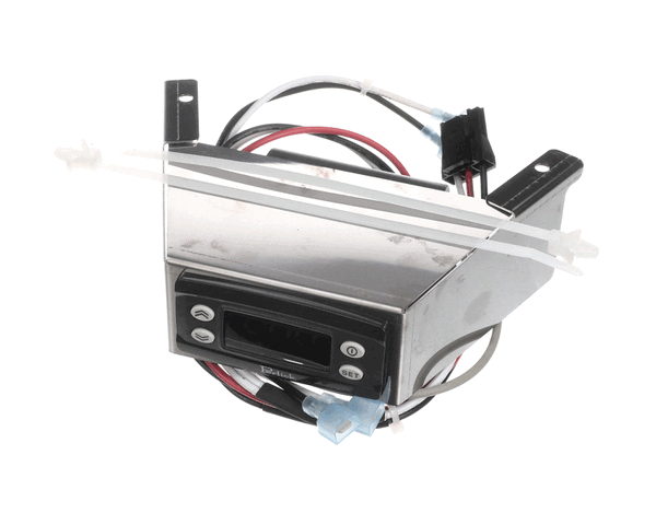 Refrigerator temperature control kit including control, sensor, and wires spread out on a white background