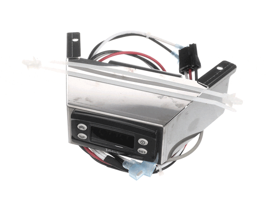 Refrigerator temperature control kit including control, sensor, and wires spread out on a white background