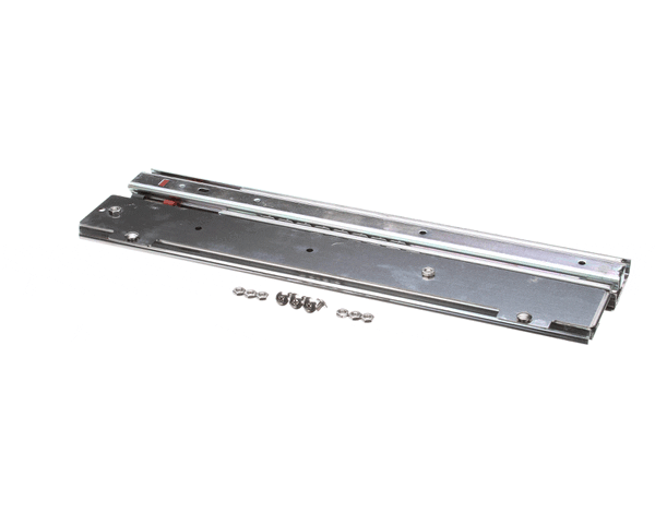 Pair of self-closing drawer slide assemblies partially extended on a white background