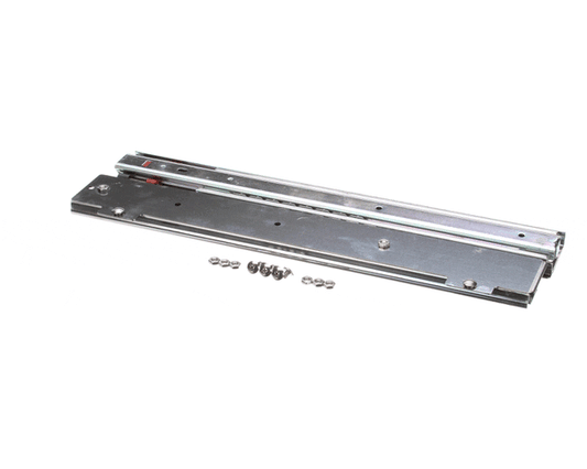 Pair of self-closing drawer slide assemblies partially extended on a white background