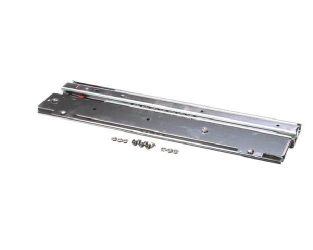 Pair of self-closing drawer slide assemblies partially extended on a white background