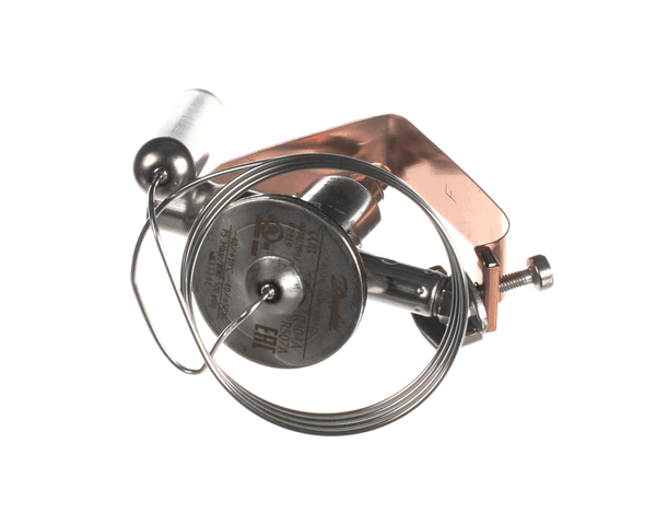 Compact brass thermal expansion valve with adjustable stem and flare connections on a white background