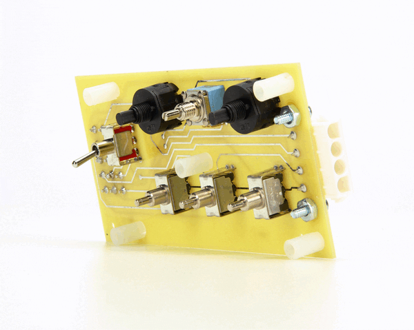 Control board for a chemical system with relays and terminal blocks mounted on a white background