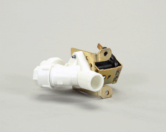 Water inlet valve with plastic body, brass fittings, and coil on a white background