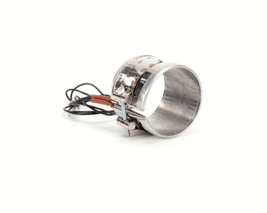 Circular band heater with clamping screw and power leads on a white background
