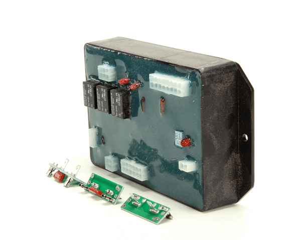 Glasswasher controller kit with control board, wiring, and mounting hardware on a white background