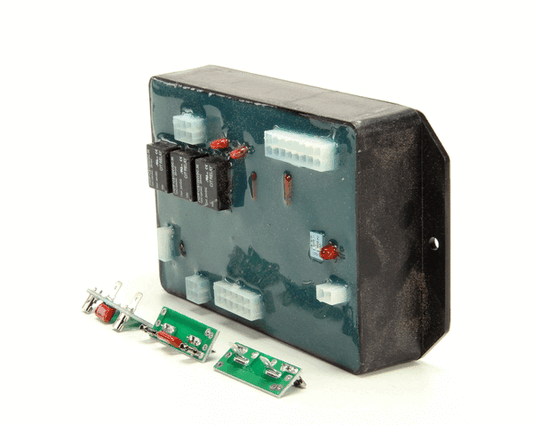 Glasswasher controller kit with control board, wiring, and mounting hardware on a white background