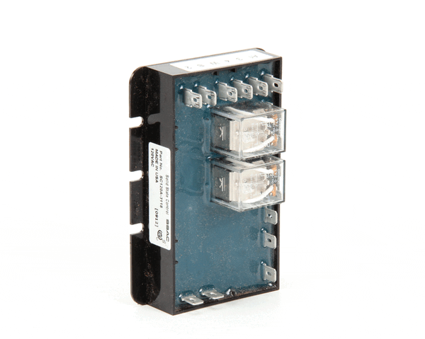 Compact solid-state controller module with terminals and label on a white background