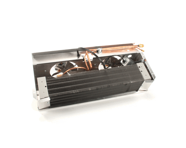 Epoxy-coated evaporator assembly with coil, brackets, and tubing on a white background
