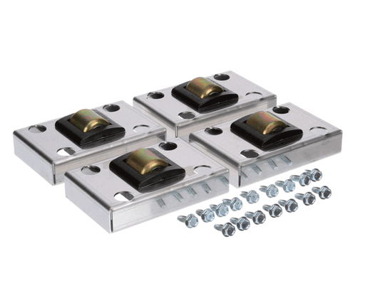 Low-profile roller kit containing four small rollers and mounting brackets on a white background