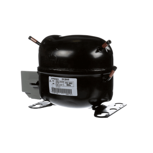 Hermetic compressor labeled EM30HHR with stub connections on a white background