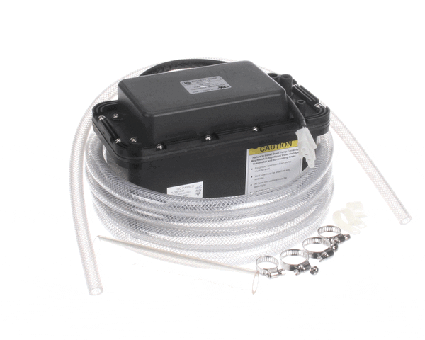 Drain pump kit with pump, fittings, and tubing arranged together on a white background