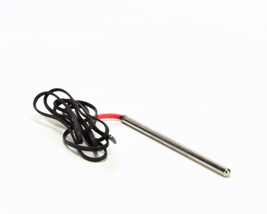 Stainless-steel NTC temperature sensor probe with cable attached on a white background