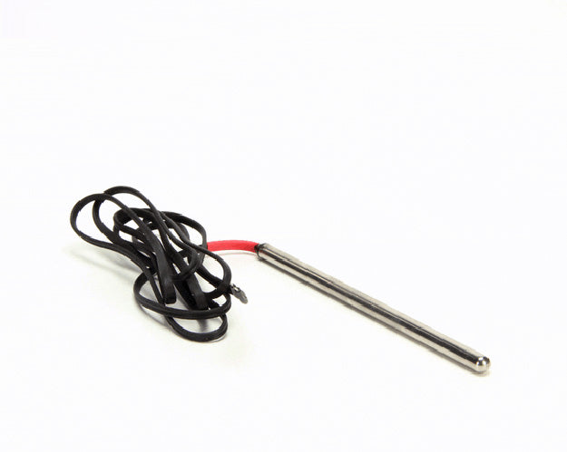 Stainless-steel NTC temperature sensor probe with cable attached on a white background