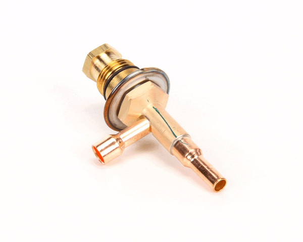Constant-pressure expansion valve with brass body and capillary tube coiled on a white background