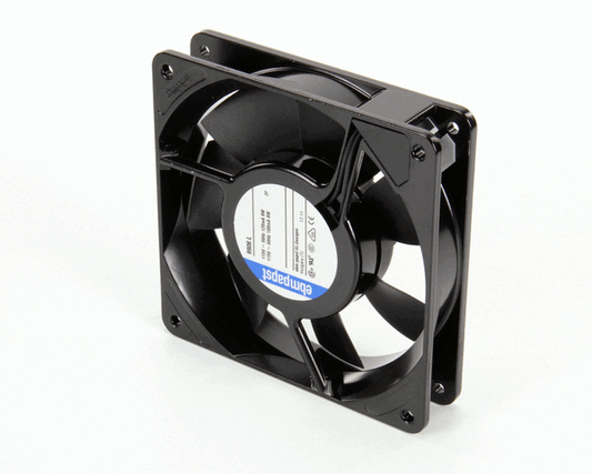 Small axial fan with square frame and attached power leads on a white background