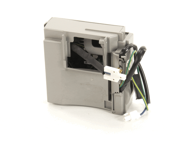 Voltage inverter module for compressors with wiring terminals and compact housing on a white background