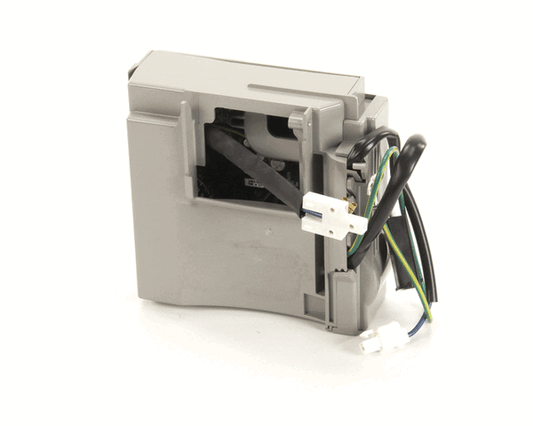 Voltage inverter module for compressors with wiring terminals and compact housing on a white background