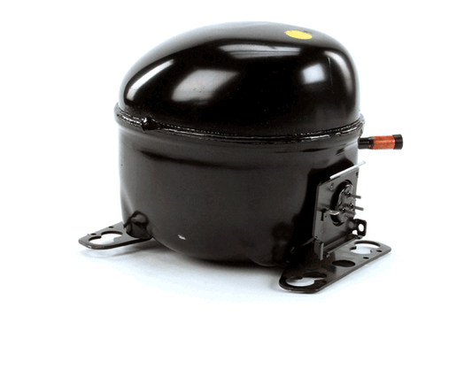 Sealed 230V R134A compressor with electrical terminals and copper stubs on a white background