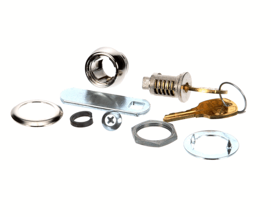 Small lock assembly with cylindrical body and pair of keys on a white background
